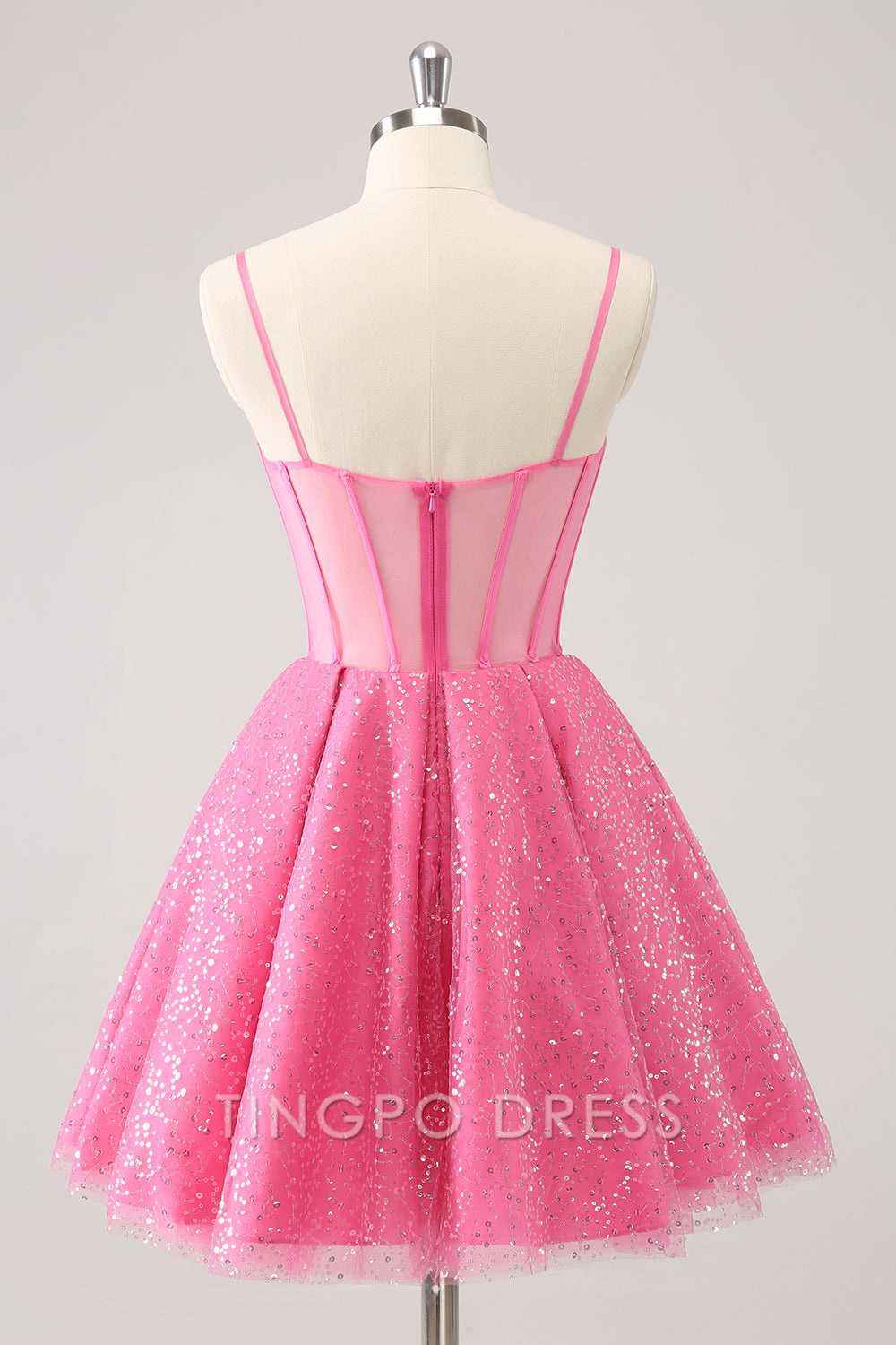 TingPo Wholesale Elegant Pink A-Line Spaghetti Straps Corset Cocktail Dress with Sequins formal wear dresses